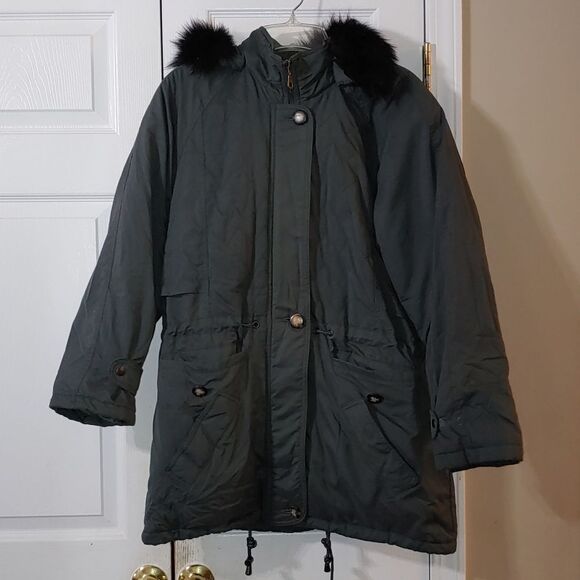Albert Nipon hunter green REAL fox  fur hooded jacket Sz M - Picture 1 of 15